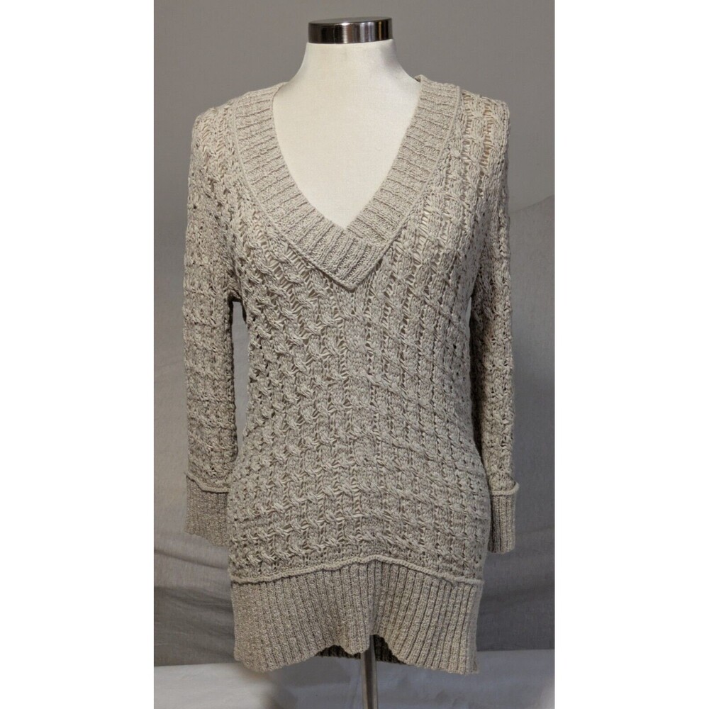 DKNY Size Med Beige Open Knit Sweater Cotton Blend Deep V Neck EUC
